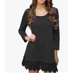 153. Miyang Gray Long Sleeve Round Neck Lace Stitching Hem A-Line Dress Medium